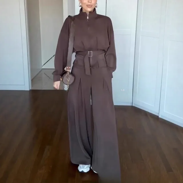 Casual Style Simple Fashion Graceful Stand Collar Zipper Jacket Pants Suit Brown - Shop at LoveMi