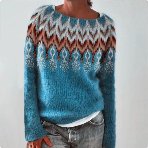 Women's Fashion Round Neck Multicolor Loose Leisure Pullover Knitwear Sweater Blue Feather - Shop at LoveMi