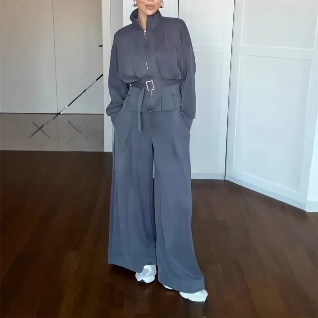 Casual Style Simple Fashion Graceful Stand Collar Zipper Jacket Pants Suit - Navy Blue