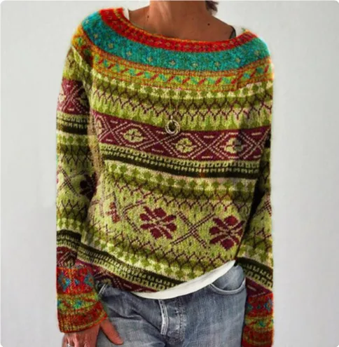 Women's Fashion Round Neck Multicolor Loose Leisure Pullover Knitwear Sweater - Multicolor