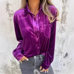 Women's Velvet Long-sleeved Single-breasted Shirt Casual Lapel Long Sleeve Solid Colour Tops Daily Wear - Rose Red - View 1
