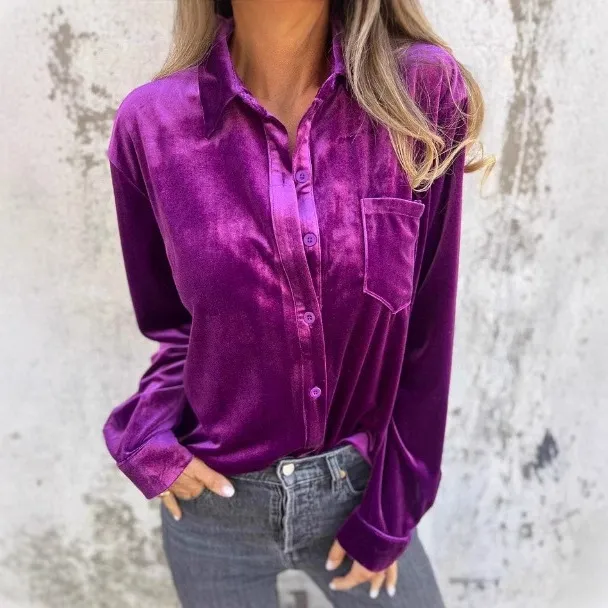 Women's Velvet Long sleeved Single breasted Shirt Casual Lapel Long Sleeve Solid Color Tops Daily Wear Rose Red - Shop at LoveMi