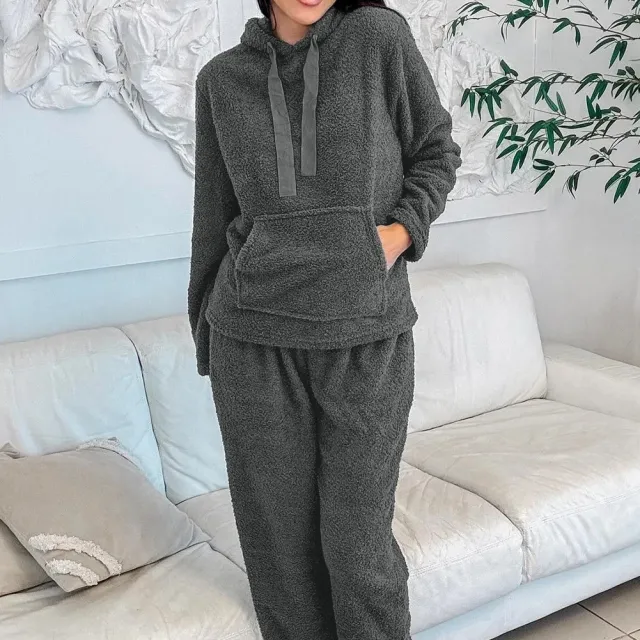 Medium Grey Fuzzy Drawstring Hoodie Lounge Pants Set Medium Grey - Shop at LoveMi