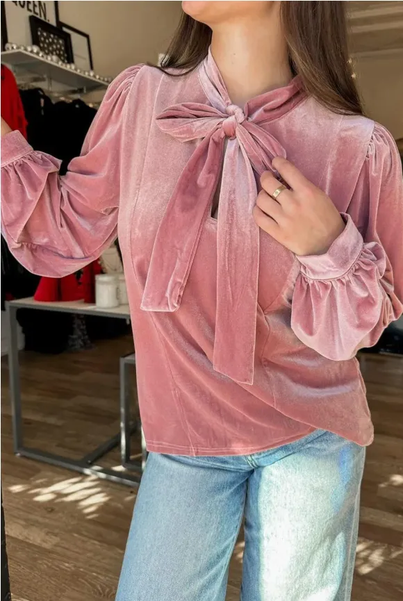 Fushia Solid Color Velvet Ribbon Bow Knot Long Sleeve Blouse Pink - Shop at LoveMi