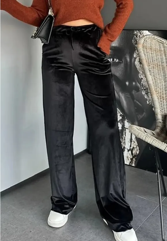 Black Shiny Velvet Drawstring High Waist Straight Leg Casual Pants Black - Shop at LoveMi