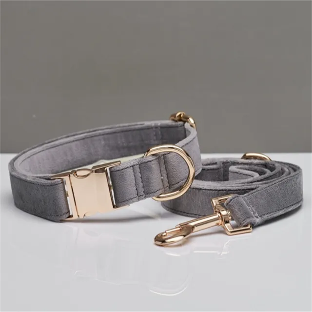 Multiple Colour Velvet Personalise Dog Collar Leash Set With Bow Grey Set - Shop at LoveMi