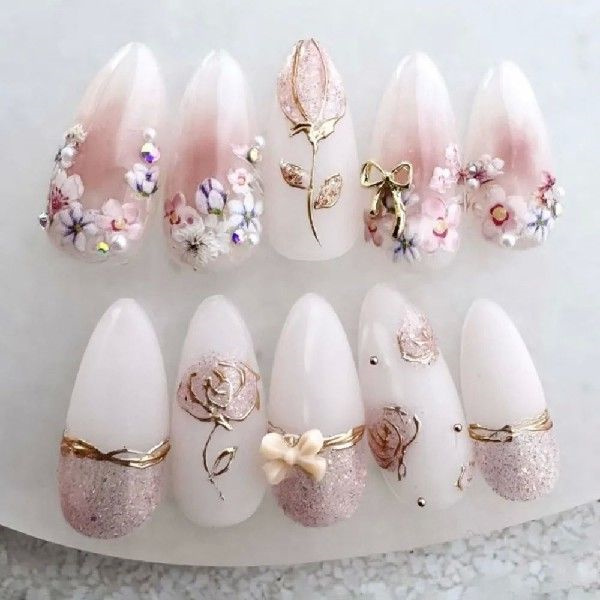 24pcs Manicure Long Almond False Nails Flowers Aurora 3