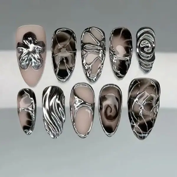 24pcs Manicure Long Almond False Nails Flowers Aurora