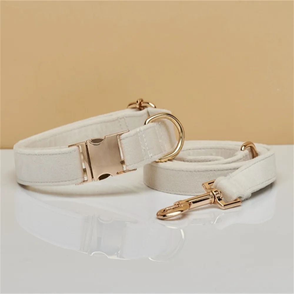 Multiple Colour Velvet Personalise Dog Collar Leash Set With Bow - White Set