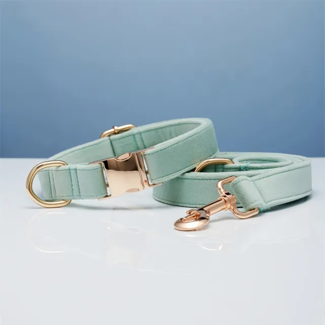Multiple Colour Velvet Personalise Dog Collar Leash Set With Bow Cyan Set - Shop at LoveMi