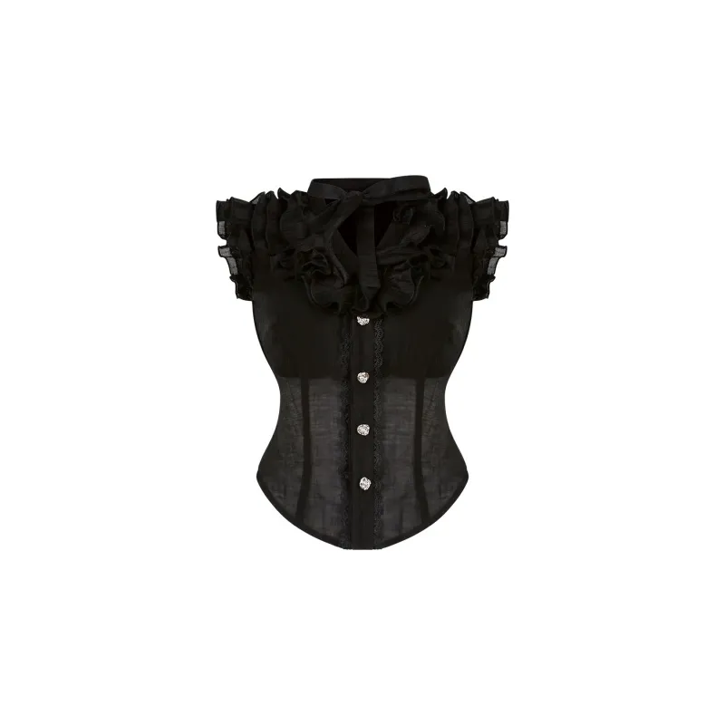 Summer Women's Black Micro Transparent Top Black Lace Cake Dress Shawl - Top