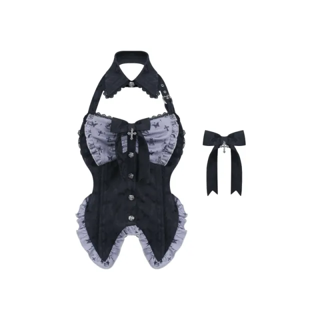 Printed Black Patchwork Top Get Bow Printing Skirt For Free Black - Shop at LoveMi