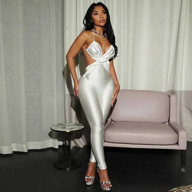 Summer Women's Backless Contrast Color High Waist Tight Slimming One piece Trousers White - Shop at LoveMi