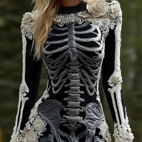 Halloween 3D Printed Long Sleeve Narrow Dress - Black