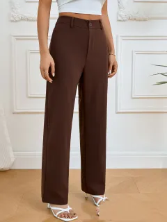 Spring And Autumn Solid Colour Pocket Elastic Waist Pleated Casual Straight Pants - Dark Brown - View 1