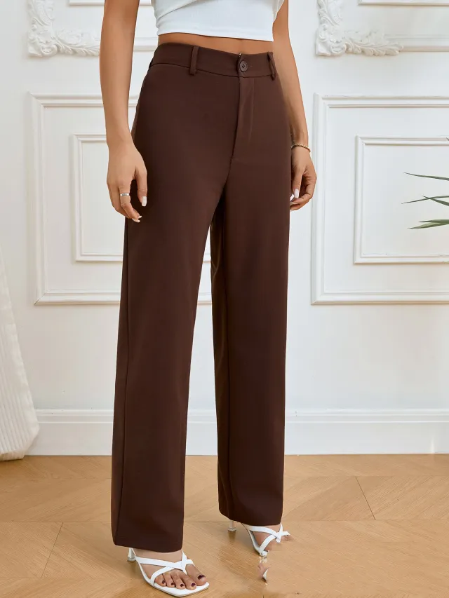 Spring And Autumn Solid Color Pocket Elastic Waist Pleated Casual Straight Pants Dark Brown - Shop at LoveMi