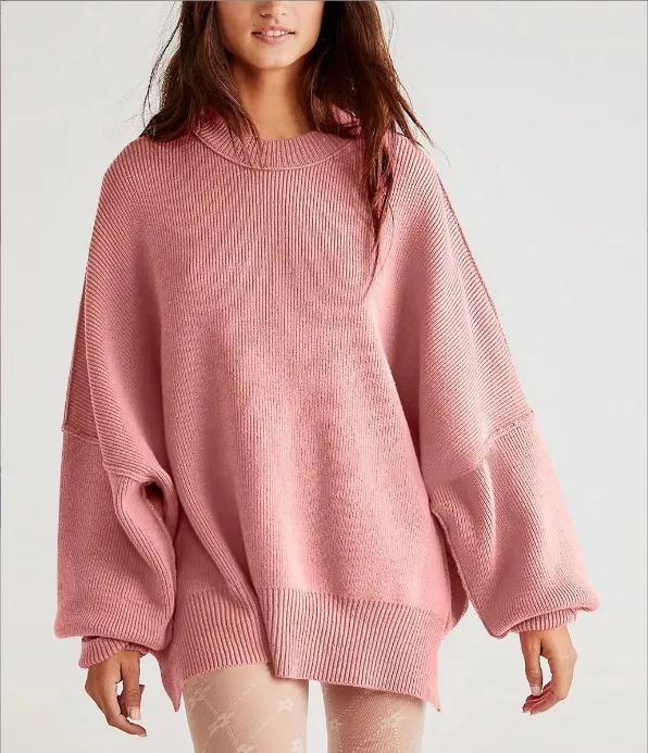 Women's Knitted Side Slit Pullover - Pink