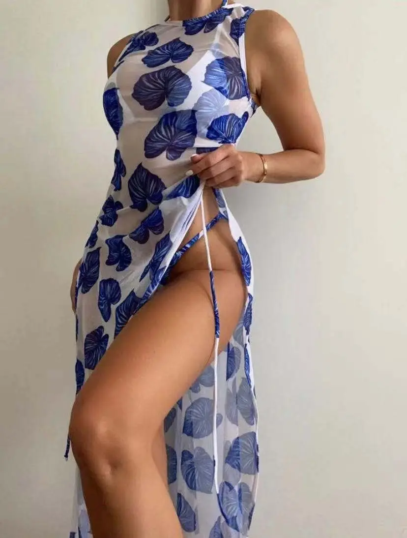 Swimsuit Women's Split Three-point Backless Print Mesh Three-piece Suit