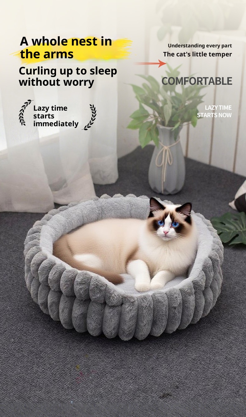 Pet Cat Nest Straight Rabbit Plush Pet Bed Round