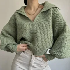 Spring And Autumn New Knitted Sweater Sweater Lapel Pullover Women's Top - Green - View 1