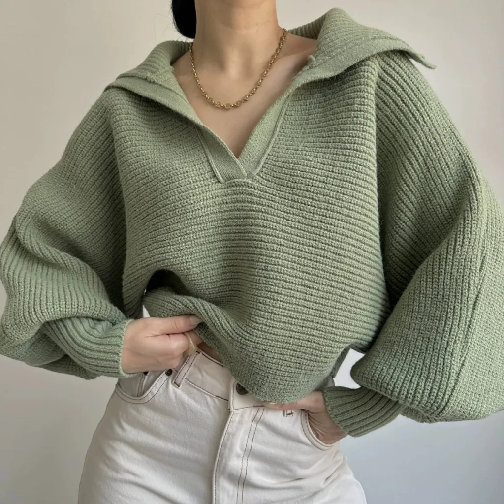 Spring And Autumn New Knitted Sweater Sweater Lapel Pullover Women's Top - Green