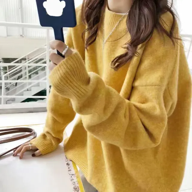 Round Neck Soft Glutinous Sweater Loose Thick Yellow - Shop at LoveMi