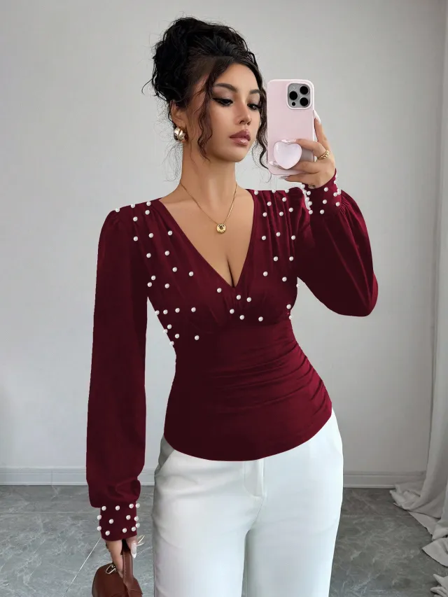 V neck Pearl Solid Color Long Sleeved Fitted T shirt Women Wine - Shop at LoveMi