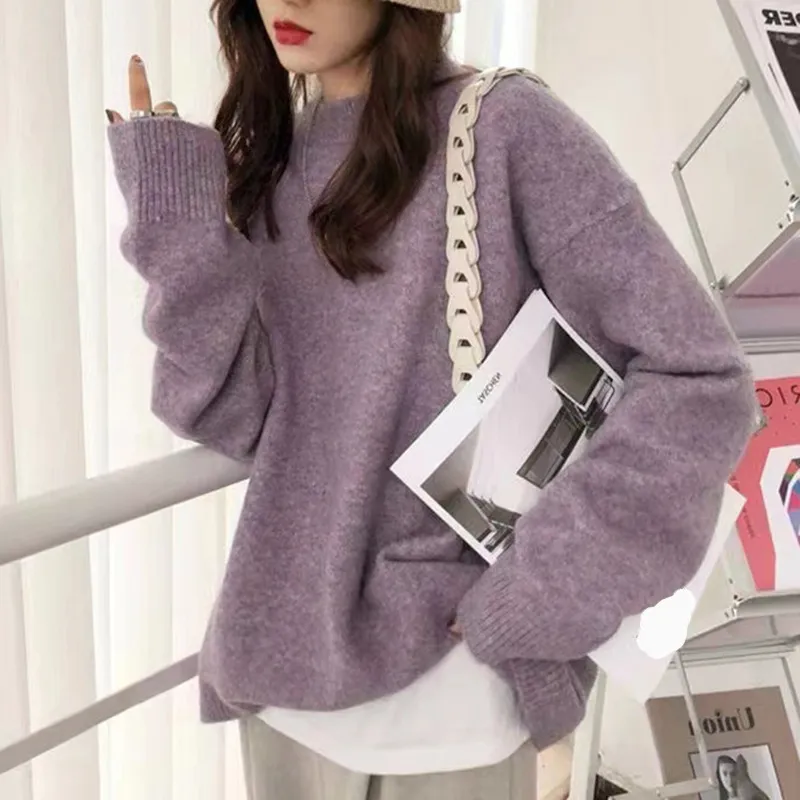 Round Neck Soft Glutinous Sweater Loose Thick - Purple