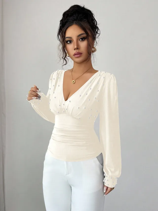 V neck Pearl Solid Color Long Sleeved Fitted T shirt Women Apricot - Shop at LoveMi