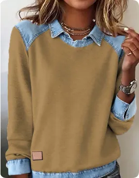 Denim Collar Long Sleeve Pullover Patchwork Knitwear Top Yellow - Shop at LoveMi