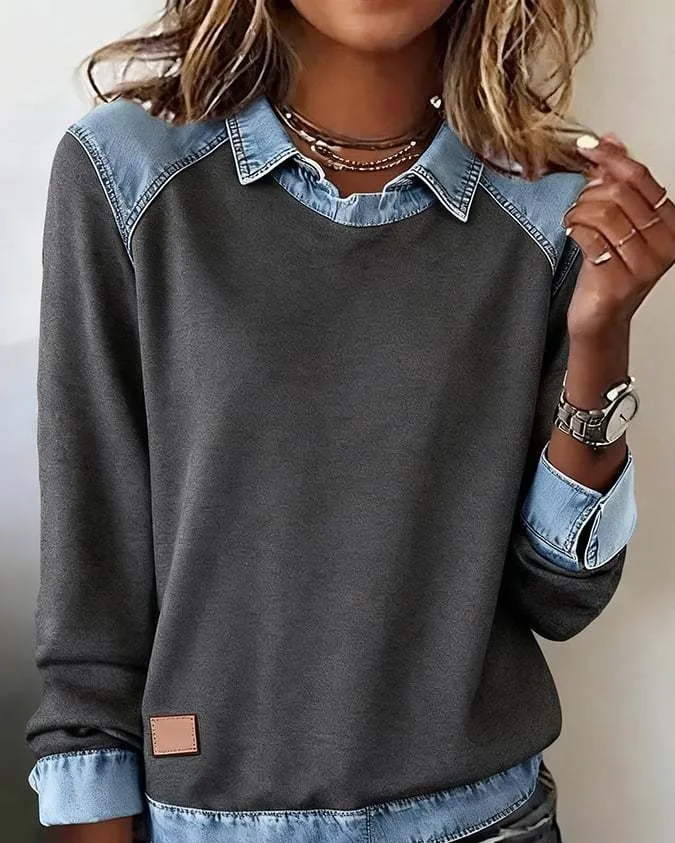 Denim Collar Long Sleeve Pullover Patchwork Knitwear Top - Gray
