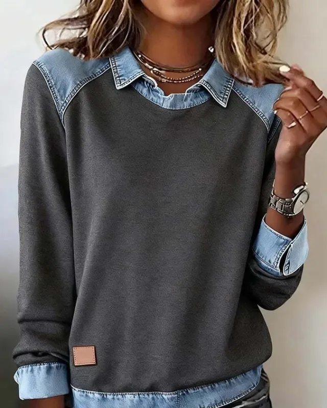 Denim Collar Long Sleeve Pullover Patchwork Knitwear Top Gray - Shop at LoveMi
