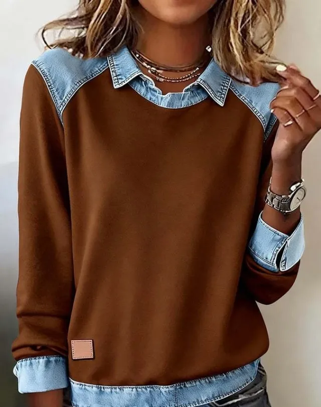 Denim Collar Long Sleeve Pullover Patchwork Knitwear Top Brown - Shop at LoveMi