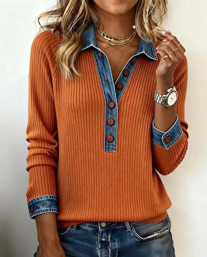 Denim Collar Long Sleeve Pullover Patchwork Knitwear Top - Orange
