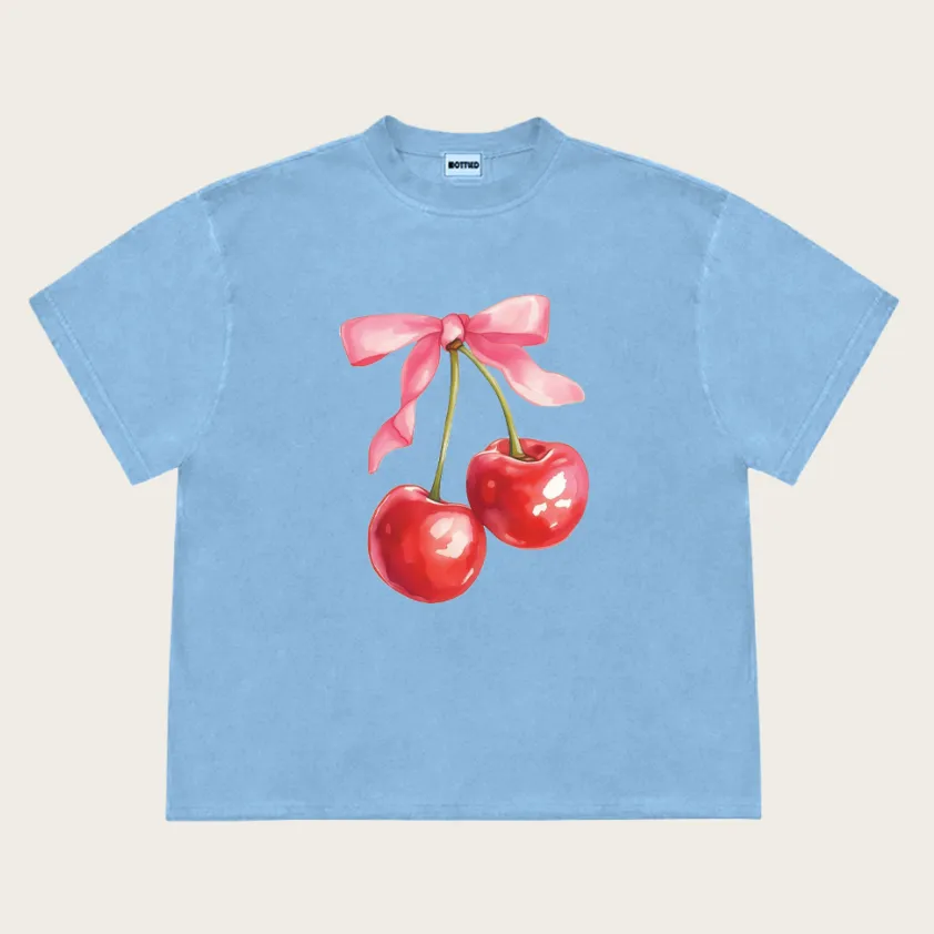 Cherry Bow Print Women's Vintage T-shirt - Haze Blue