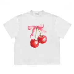 Cherry Bow Print Women's Vintage T-shirt - White - View 1