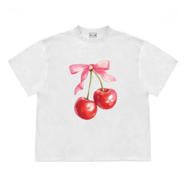 Cherry Bow Print Women's Vintage T shirt White - Shop at LoveMi
