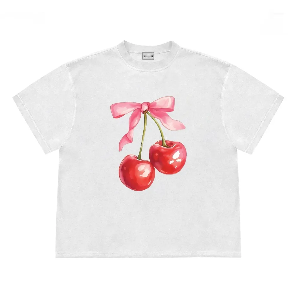 Cherry Bow Print Women's Vintage T-shirt - White