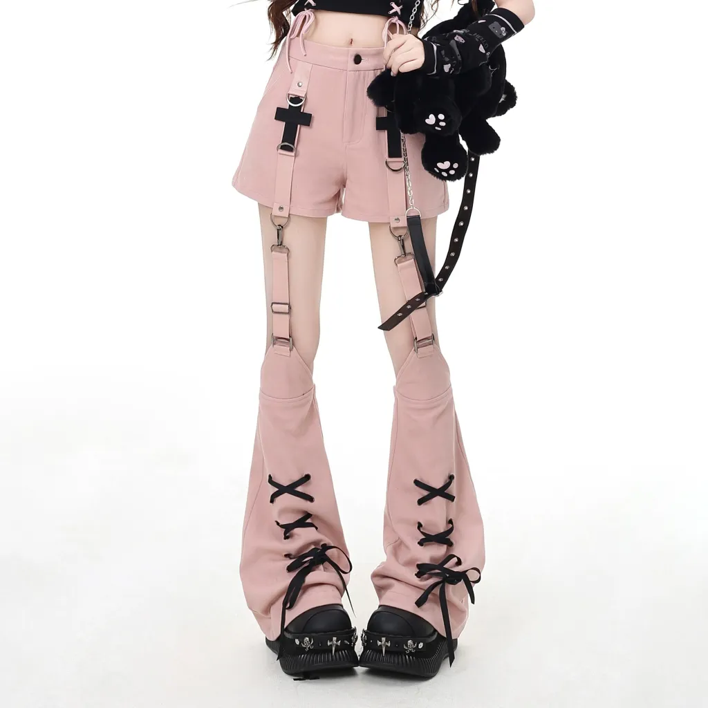 Sweet And Cool Detachable Leg Cover Design Spring And Summer Shorts For Women - Pink