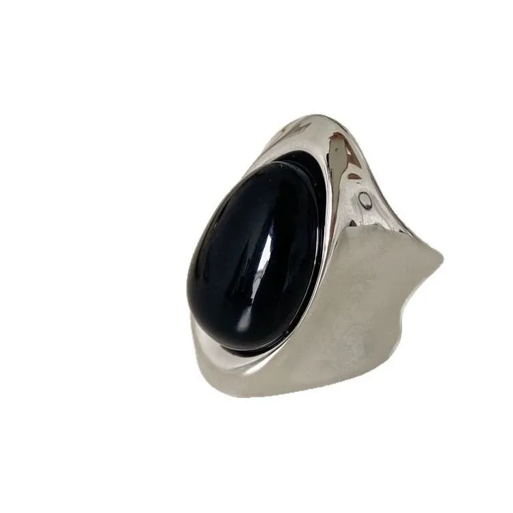 Obsidian Irregular Wide Surface Line Ring - Ring