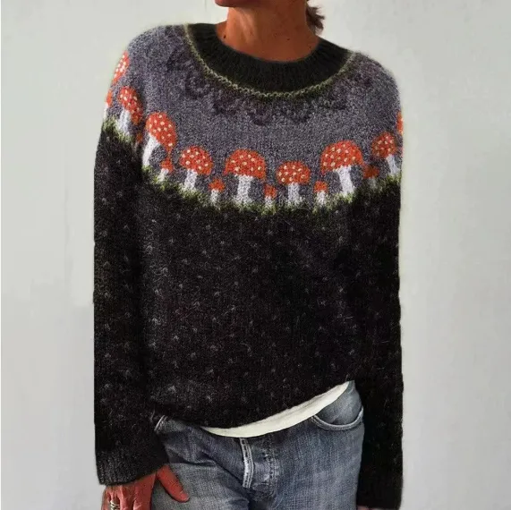Round Neck Multicolor Loose Fashion Pullover Sweater - 9165 Mushrooms