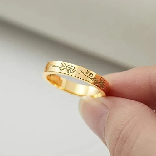 Fashionable Personalized Birthday Flower Ring - Gold