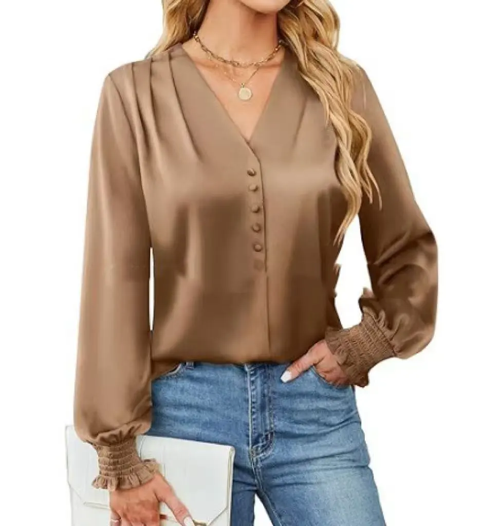 New Fashion Long Sleeve V-neck Women's Shirt - Caramel Color