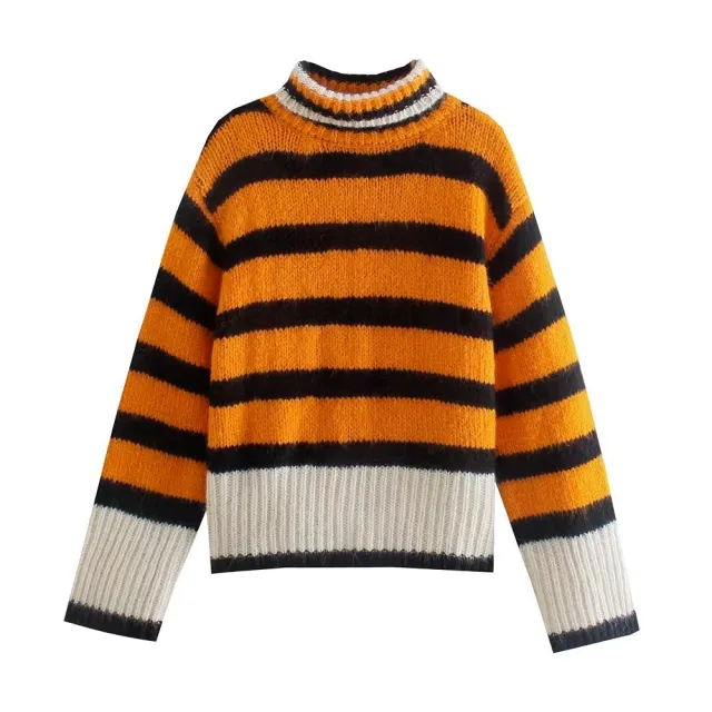Half Turtleneck Contrast Color Striped Sweater - Shop at LoveMi
