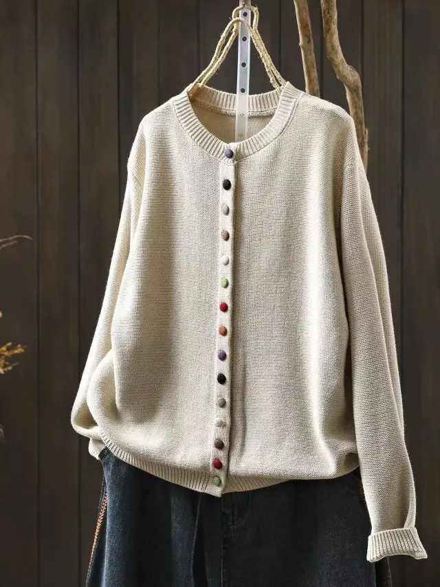 Women's Cotton Knitted Cardigan With Color Buckle Fashion Loose Beige - Shop at LoveMi