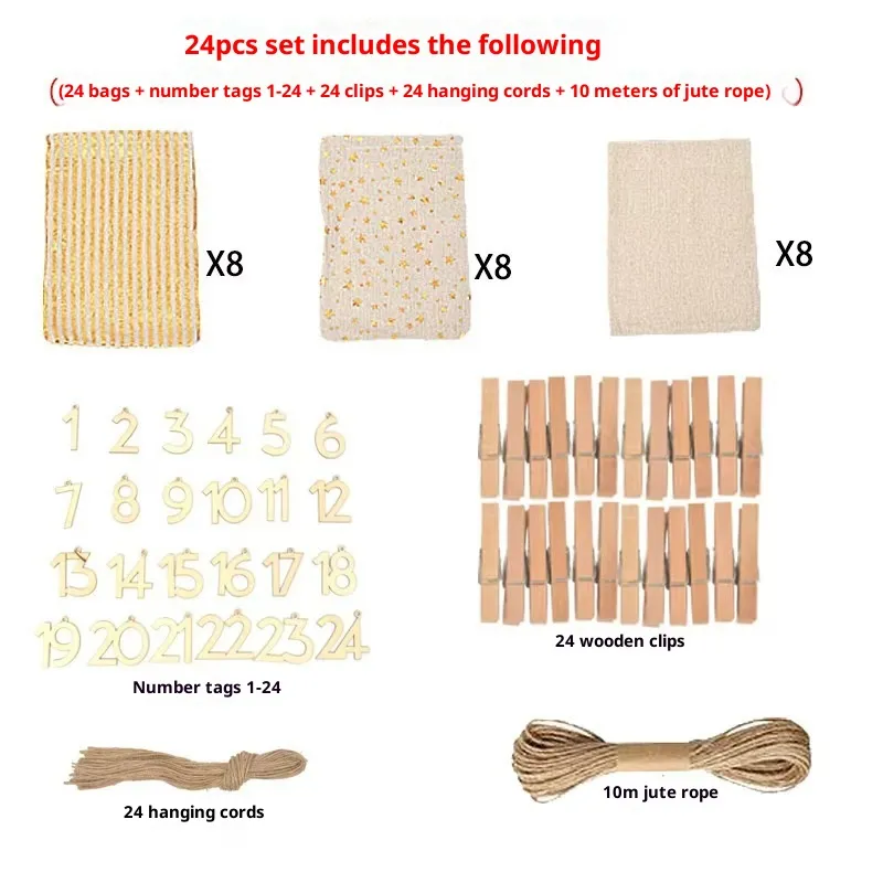 Christmas Bronzing Cotton And Linen Digital Tag Drawstring Bag Set - 10X15