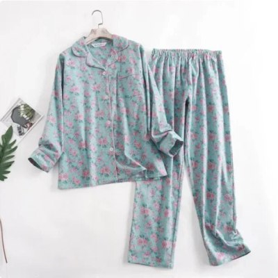 Women's Pajamas Simple Spring, Autumn And Winter Long Sleeves Trousers Suit Cyan - Shop at LoveMi
