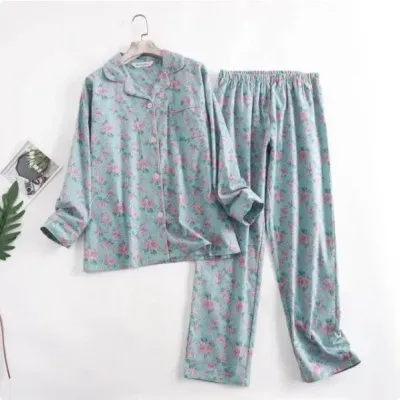 Women's Pajamas Simple Spring, Autumn And Winter Long Sleeves Trousers Suit Cyan - Shop at LoveMi