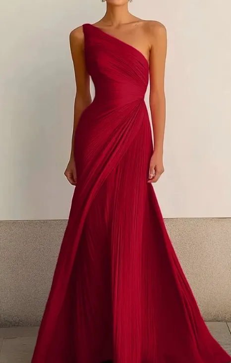 One shoulder pleated long dress, flowing tight dress Red - Shop at LoveMi
