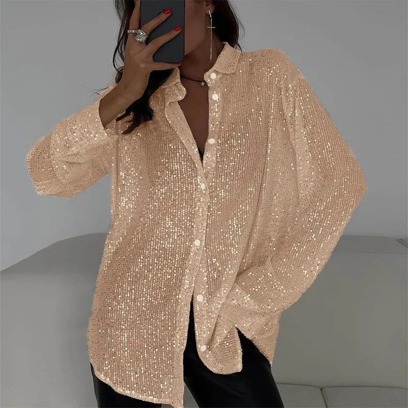 Sequin Lapel Long Sleeve Shirt - Champagne Color-L